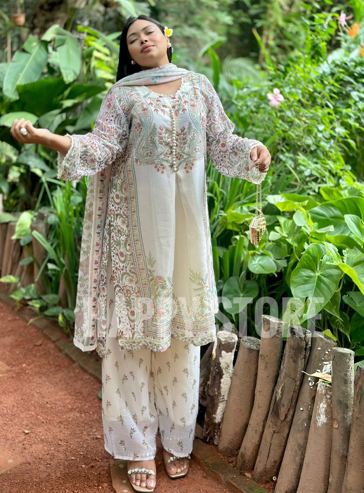 Off-white Premium Soft Georgette 3-Piece Set - Image 6