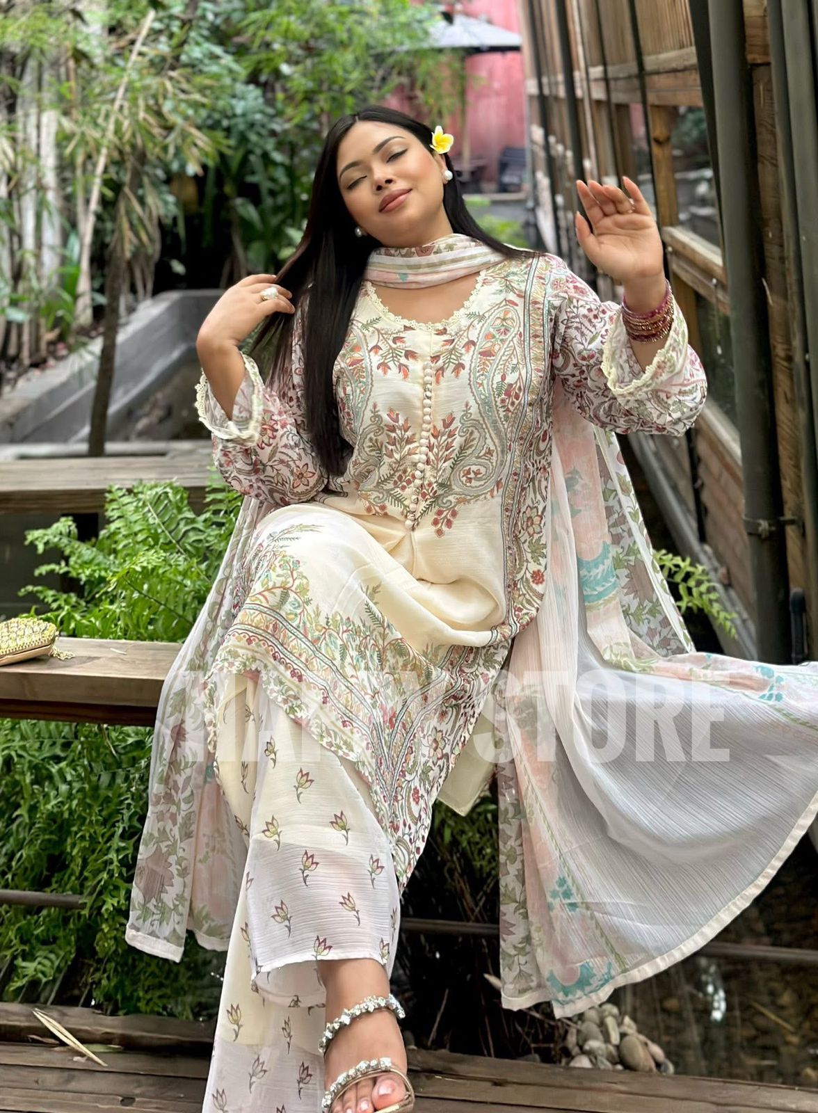Off-white Premium Soft Georgette 3-Piece Set - Image 5
