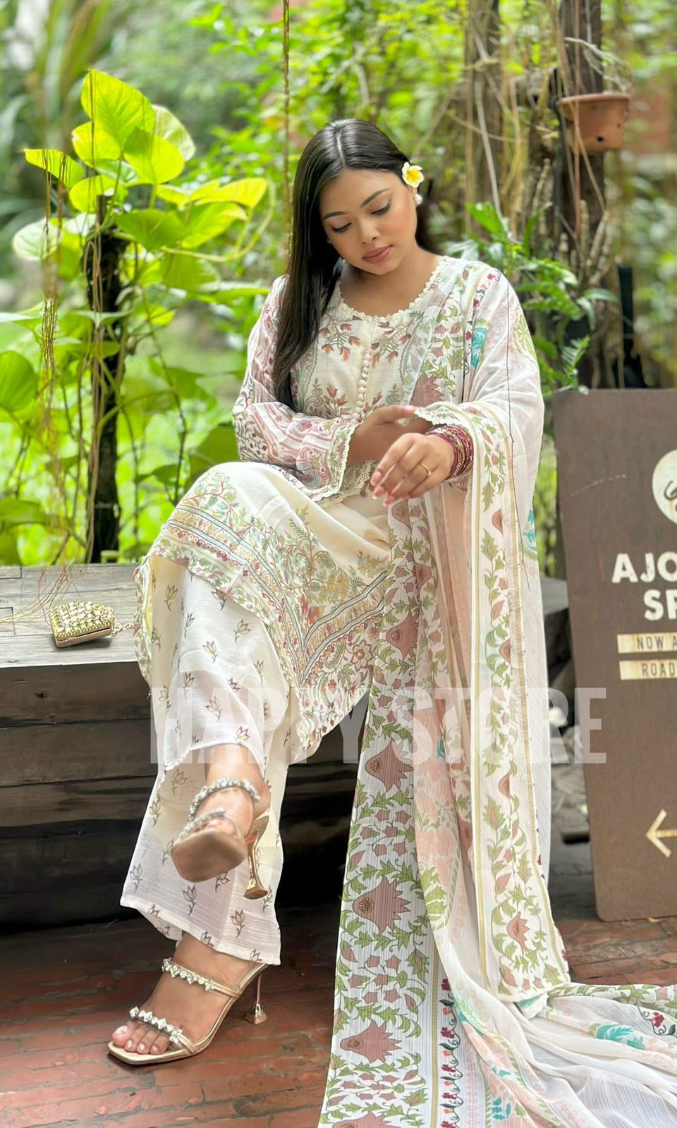 Off-white Premium Soft Georgette 3-Piece Set - Image 4